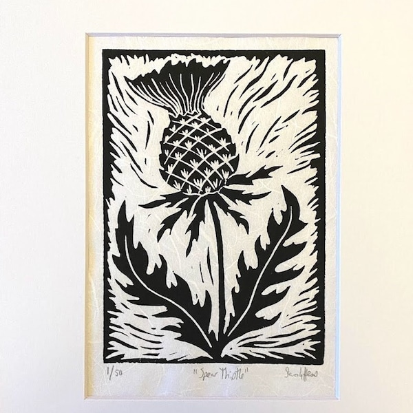 Spear Thistle - linocut block print - wild flower - black and white floral artwork