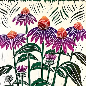 Echinacea - Handmade linocut print - floral art - large block print - botanical print