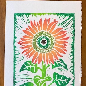 Sunflower - Block Print with Mat - Linocut - Floral Art - Botanical Print