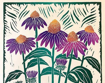 Echinacea - Handmade linocut print - floral art - large block print - botanical print