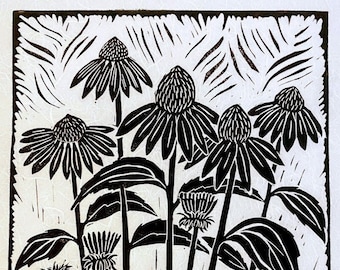 large linocut print - Echinacea - black & white block print - floral art - cone flower - botanical print