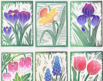 Spring Flower Series - Set of 6 handmade block prints - flower art - spring flowers - linocut prints