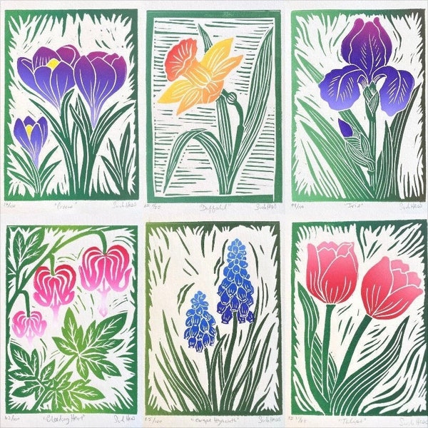 Spring Flower Series - Set of 6 handmade block prints - flower art - spring flowers - linocut prints