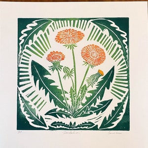 Dandelion Flower Print - Linocut print - Botanical Print - Colorful Linocut