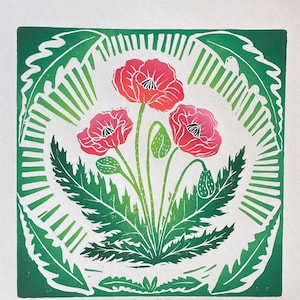 Poppies - Linoleum print - multi-color print - garden flower art -  floral block print