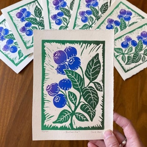 Blueberries Block Print - Colorful Linocut Print