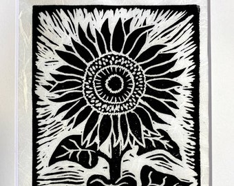 Sunflower Block Print - Black and White Print - Linocut -