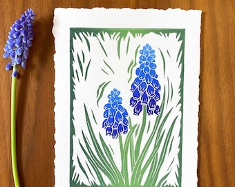Grape Hyacinth - spring flower - block print - linocut art