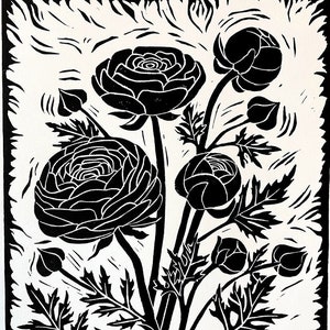 Ranunculus - black and white linocut print - block printing