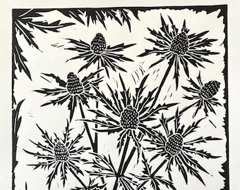 Linocut Print - Sea Holly Block Print - Thistle Art - - Botanical Art