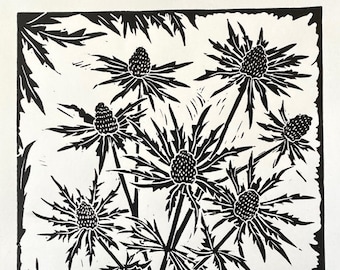 May include: Black and white linocut print of sea holly plants. The artwork features spiky, star-shaped flowers and leaves, with the text "Sea Holly" and the artist's signature at the bottom. The print is numbered 1/25.