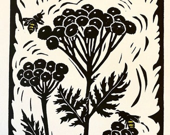 Boerenwormkruid en honingbij - linosnede - blokprint wilde bloemen - zwart-wit