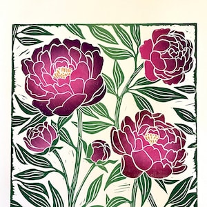 Peonies - Flower block print - linocut art