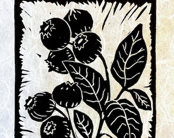 Blueberries - Block Print - Black and White Print - Linocut
