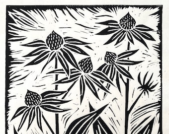 Black Eyed Susans Block Print: Handmade Linocut Art, Botanical Flowers