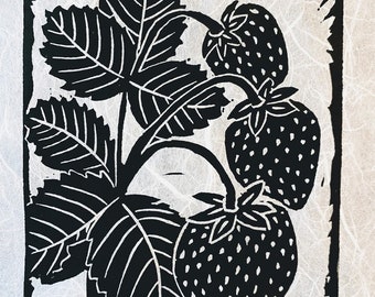 Strawberries Block Print - Black and White Print - Linocut