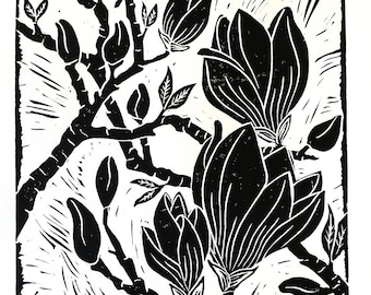 Saucer Magnolia - linocut Print - Black and White Art - Blossoms - Floral Art - Botanical Print