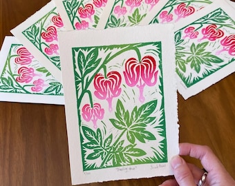 Bleeding Heart - Linocut Print - Colorful Floral Artwork