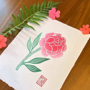 Peony - block print - linocut - multicolor peonies print