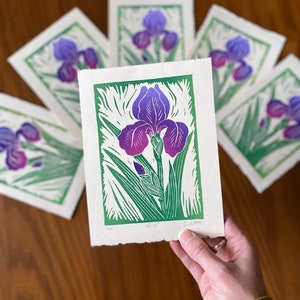 Iris - Linocut print - Iris flower - Purple flower block print