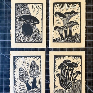 Mushrooms Set of 4 - Block Prints- Linocut Print - Series of Prints - Black on Brown Paper