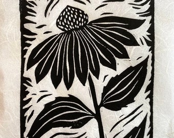 Cone Flower - Black and White Block Print - Linocut print