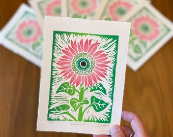 Sunflower in pink - linocut print - block print