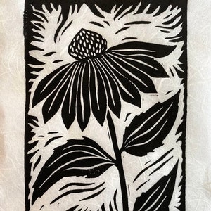 Cone Flower - Black and White Block Print - Linocut print