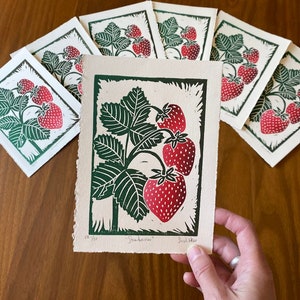 Strawberries Block Print -  Colorful Linocut Print