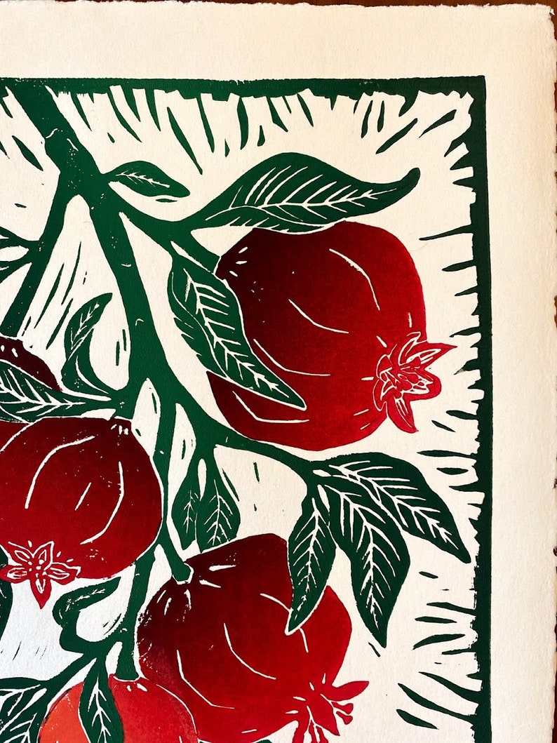 Pomegranate Linocut block print | Etsy
