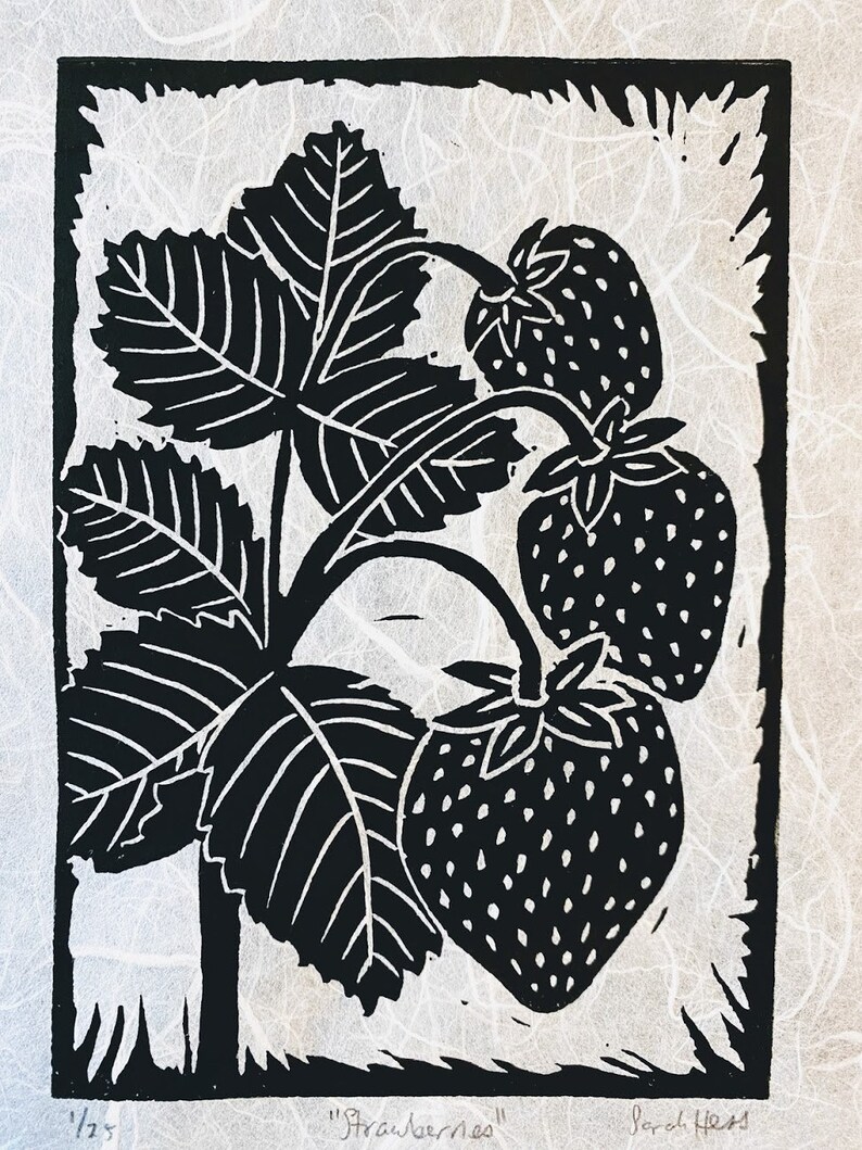 Strawberries Block Print Black and White Print Linocut | Etsy