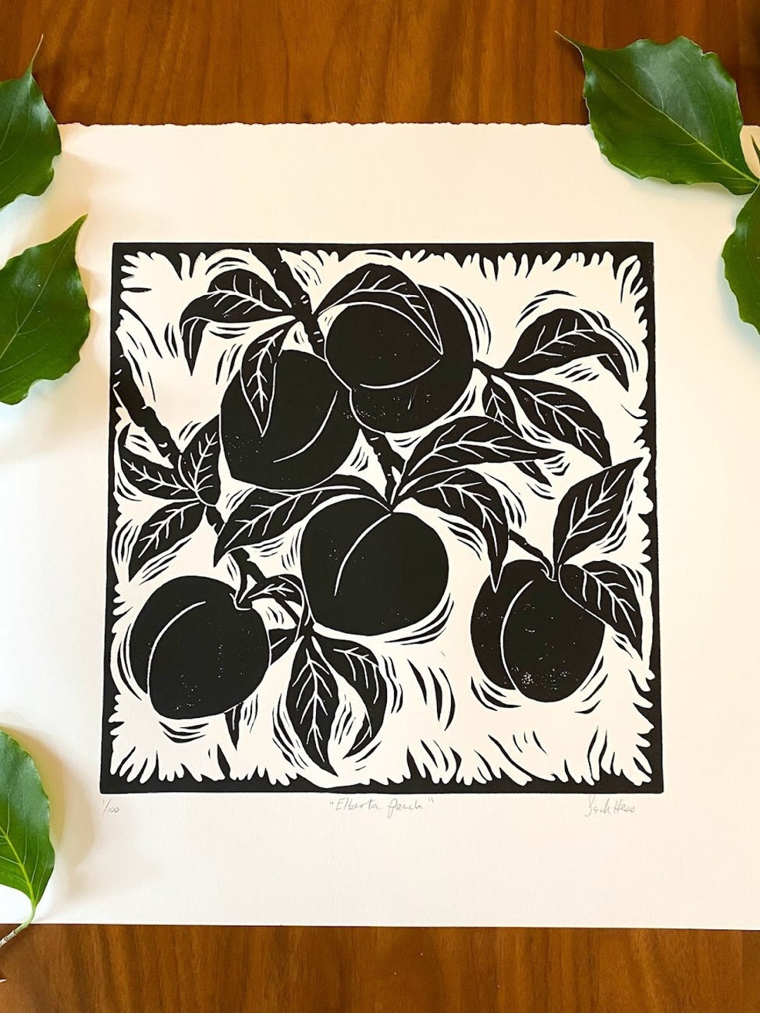 Linocut Shell Fruit Elberta Peach Block Print - Fruit Linocut - Black and White Print - Etsy
