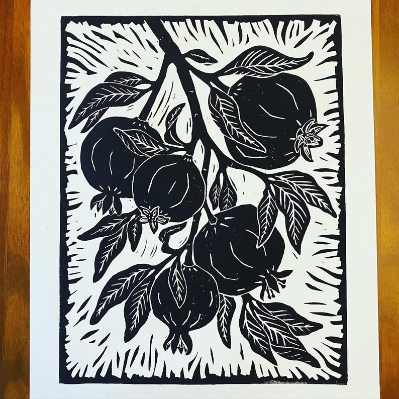 Pomegranate Black and White Block Print Linocut Art - Etsy