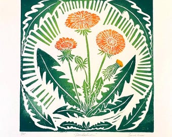 Dandelion Linocut Print: Colorful Botanical Art
