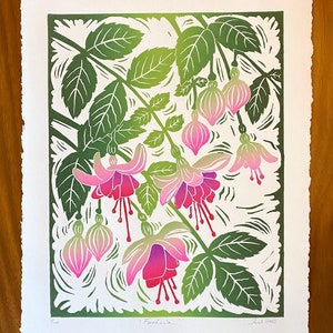 Fuchsia block print colorful flower linocut floral block print image 3