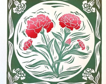 Carnations - flower block print - red pink flowers - January birth month flower