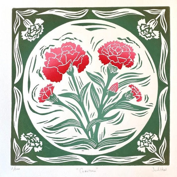 Carnations - flower block print - red pink flowers - January birth month flower