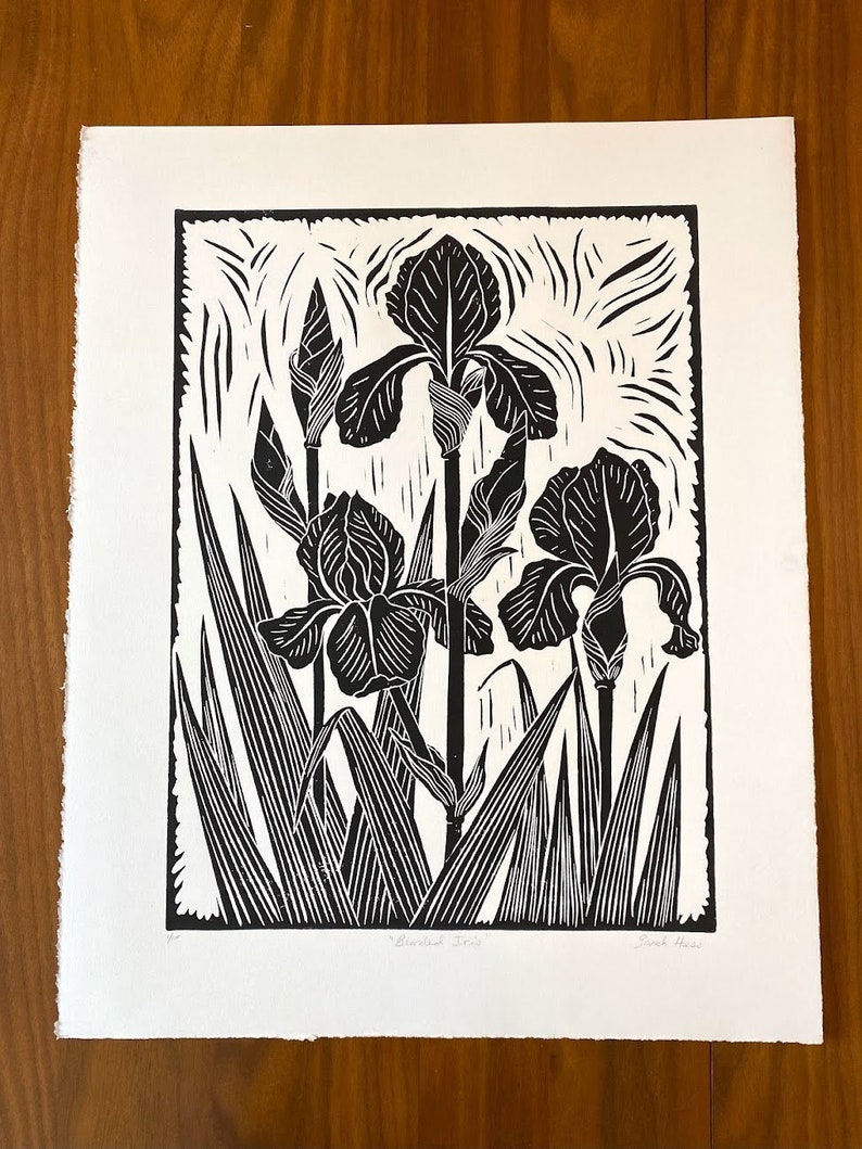 Bearded Iris - shops Black and White block print - large linocut print