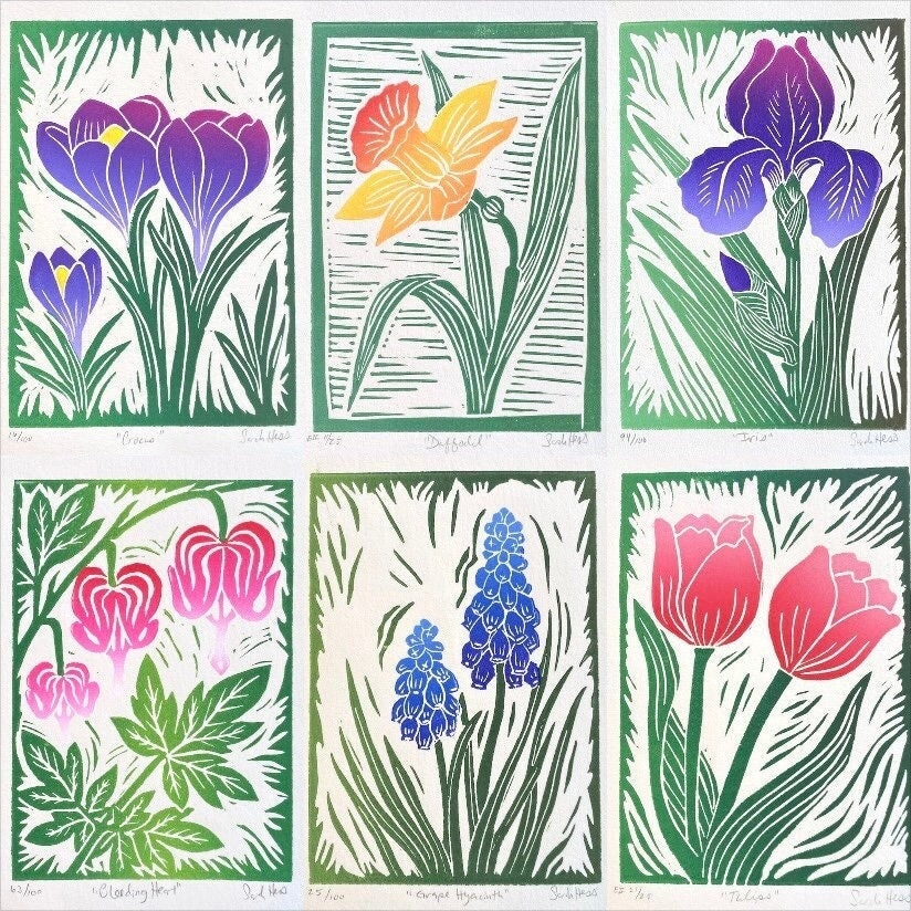 Spring Flower Block Prints: Handmade Linocut Art, Set of 6 - Etsy