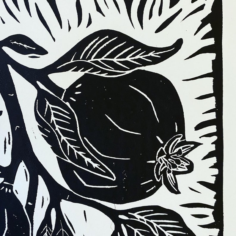 Pomegranate Black and White Block Print Linocut Art - Etsy