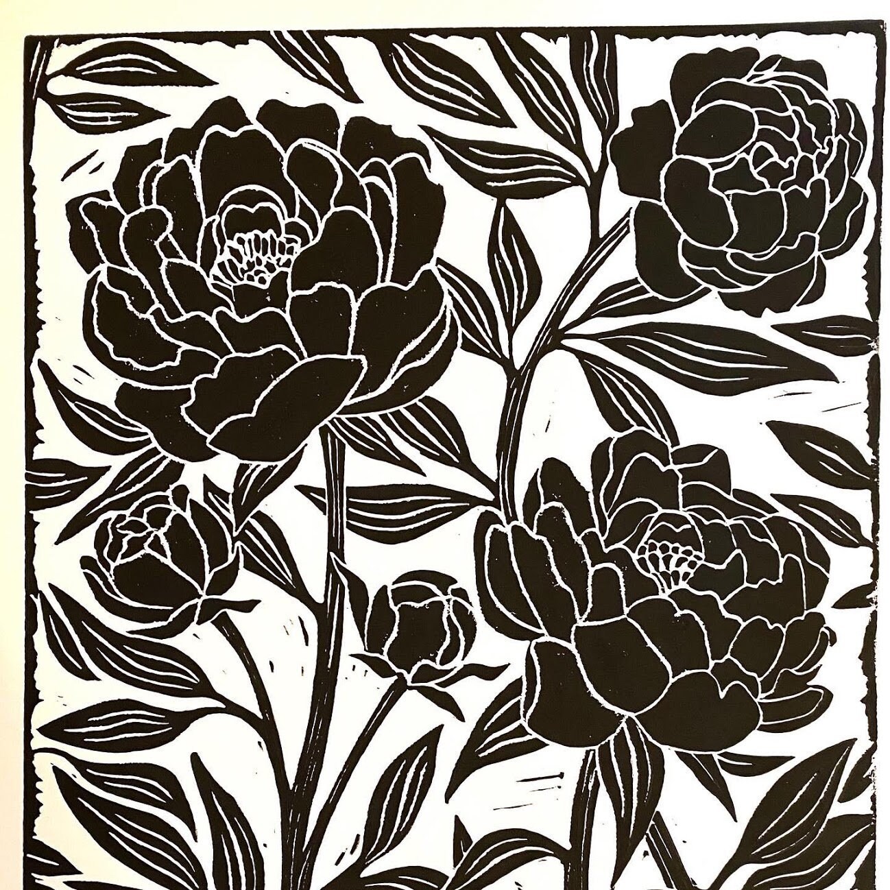 Large linocut print - Peonies Black and White - block print - botanical print