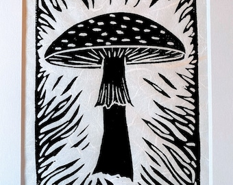 Mushroom Block Print - Fly Agaric Mushroom Print - Botanical Print - Black and White Block Print