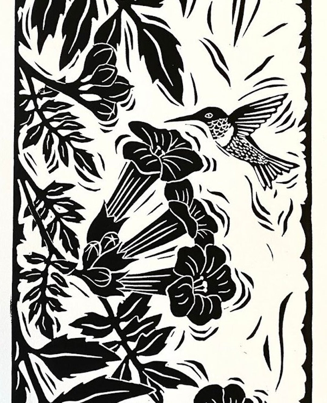 Trumpet Vine & Hummingbird - Block Print - Linocut Art - Etsy