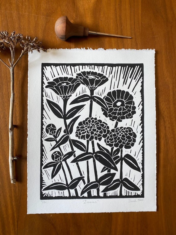 Zinnia - Black and White Linocut Print - Floral Block Print - Etsy