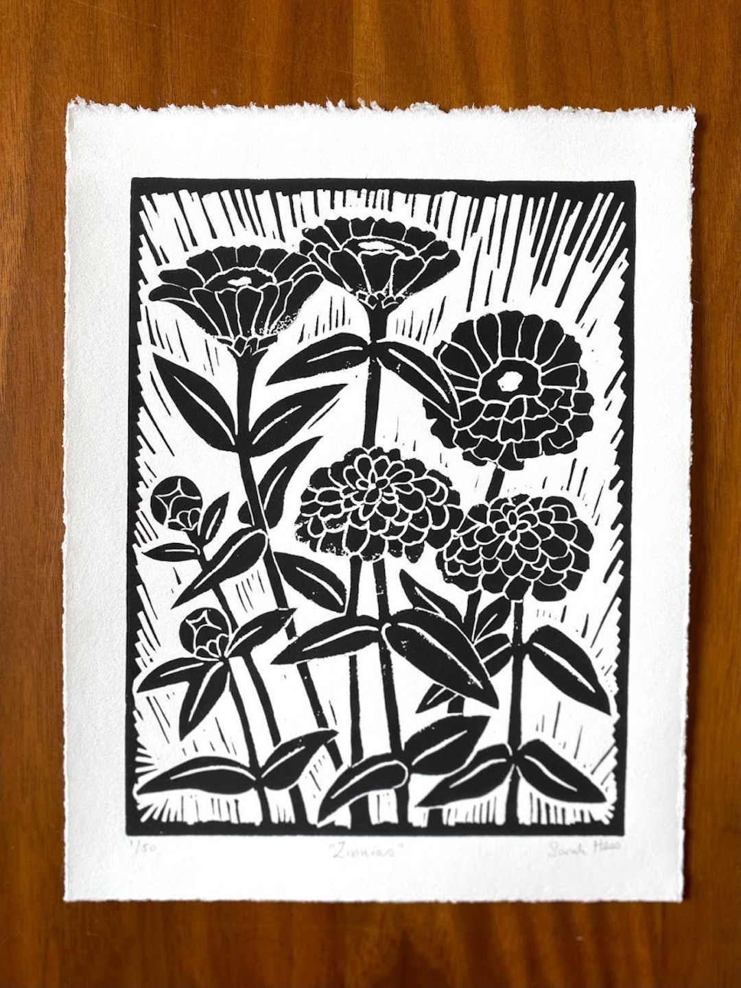 Zinnia Black and White Linocut Print Floral Block Print - Etsy