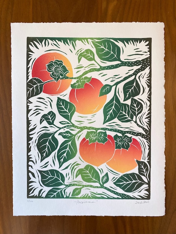 木版画 植物モチーフ 緑とオレンジ価格交渉どうぞ 柿の木版画：マルチカラーリノリウム版画、11x14インチコットン紙