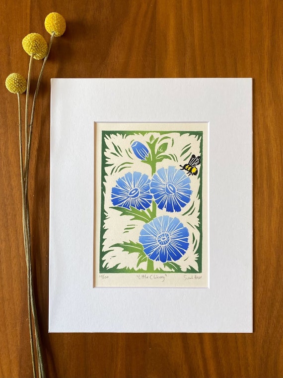 Little Chicory - Wildflower Block Print - Floral Art Linocut Print