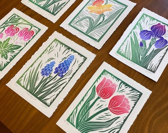 Spring Flower Block Prints: Handmade Linocut Art, Set of 6 - Etsy