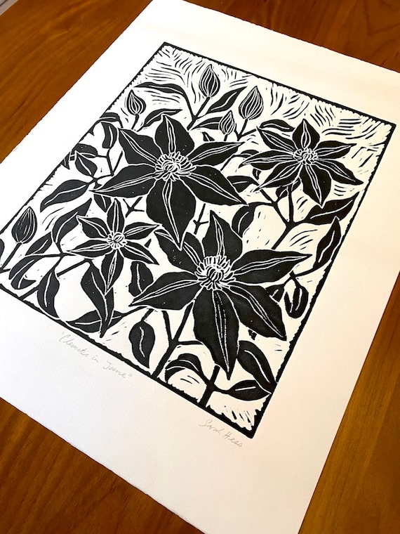 クレマチスの大型リノカット版画：手作りの白黒植物アート - Etsy 日本