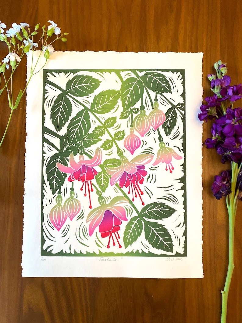 Fuchsia block print colorful flower linocut floral block print image 5